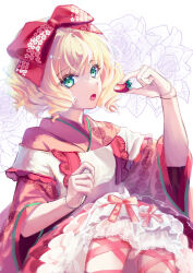 Rule 34 | 1girl, absurdres, apron, blonde hair, bow, commentary request, doll joints, drill hair, feet out of frame, flat chest, food, fruit, green eyes, hair bow, highres, hinaichigo, japanese clothes, joints, kikumon, kimono, leg ribbon, looking at viewer, open mouth, pink bow, pink kimono, red bow, red ribbon, ribbon, rozen maiden, short hair, solo, strawberry, white apron, white background, wide sleeves, yukari (957764483)