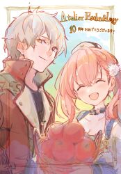 Rule 34 | 1boy, 1girl, :d, ^ ^, ahoge, anniversary, apple, atelier (series), atelier escha &amp; logy, basket, black shirt, blush, closed eyes, closed mouth, copyright name, escha malier, food, fruit, hair between eyes, hat, highres, holding, holding basket, jacket, le21day, logix ficsario, long hair, looking at viewer, open mouth, pink hair, red jacket, shirt, short hair, smile, twintails, upper body, white hair, yellow eyes