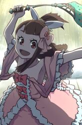 Rule 34 | 1girl, arm up, armpits, bare shoulders, brown hair, collarbone, commentary request, dress, hair ornament, holding, hoop skirt, kagari atsuko, little witch academia, long hair, looking at viewer, open mouth, outstretched arm, pink dress, ponytail, red eyes, ribbon, skirt, solo, strapless, strapless dress, uganda (ugandam 00)