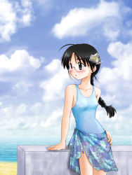 Rule 34 | 1girl, black hair, blush, braid, day, glasses, mitan, ocean, one-piece swimsuit, outdoors, sky, solo, swimsuit