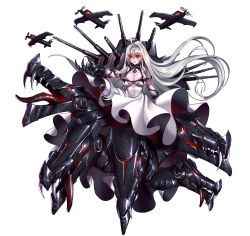 Rule 34 | 1girl, abyssal ship, ahoge, aircraft, airplane, anchor, battleship girl, black bra, black hands, bra, bra over clothes, breasts, chain, claw (weapon), cleavage, colored extremities, dark-skinned female, dark skin, dress, eyebrows, eyelashes, floating hair, gauntlets, glowing, glowing eyes, gorget, grey hair, hair between eyes, highres, large breasts, long hair, looking at viewer, mecha musume, quuni, red eyes, shade, simple background, skindentation, sleeveless, sleeveless dress, smile, solo, tongue, turret, underwear, weapon, white background, white dress