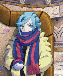 1boy blue_hair blue_scarf commentary_request creatures_(company) eyelashes game_freak grusha_(pokemon) hands_in_pockets highres indoors jacket looking_at_viewer male_focus min_(myna8247) nintendo poke_ball_print pokemon pokemon_sv scarf scarf_over_mouth solo striped_clothes striped_scarf upper_body yellow_jacket