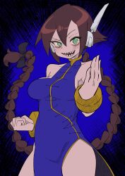 Rule 34 | 1girl, absurdres, aile (mega man zx), bare shoulders, blue background, blue dress, blush, braid, braided ponytail, breasts, brown hair, buzzlyears, china dress, chinese clothes, clenched hand, covered collarbone, cowboy shot, dress, fighting stance, green eyes, highres, long hair, looking at viewer, martial arts, medium breasts, mega man (series), mega man zx, mega man zx advent, ringed eyes, robot ears, sharp teeth, sideboob, sleeveless, sleeveless dress, solo, teeth, thighhighs