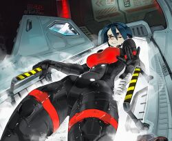 Rule 34 | 1girl, absurdres, android, artist name, blue hair, blush, breasts, commentary, cowboy shot, cryogenic pod, dated, elster (signalis), english commentary, funkiflame, highres, indoors, lying, medium breasts, on back, parted lips, purple eyes, short hair, signalis, solo, steam, sweat, wet
