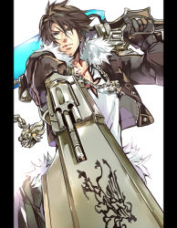 Rule 34 | 1boy, black gloves, black jacket, blue eyes, brown hair, chain necklace, cowboy shot, cropped jacket, dual wielding, earrings, fighting stance, final fantasy, final fantasy viii, fur collar, fur trim, gloves, gun, gunblade, hair between eyes, holding, holding gun, holding weapon, jacket, jewelry, lion, long sleeves, looking at viewer, male focus, necklace, over shoulder, parted bangs, perspective, pillarboxed, scar, scar on face, shirt, short hair, single earring, solo, squall leonhart, tama (tmfy5), weapon, weapon over shoulder, white background, white shirt