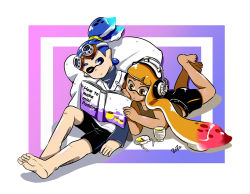 Rule 34 | artist name, barefoot, black shorts, blue eyes, blue hair, blunt bangs, book, brown shirt, closed mouth, couple, dark skin, donut (zoza), english text, food, goggles, goggles on head, hair pulled back, headphones, hetero, highres, holding, holding book, inkling, inkling boy, inkling girl, inkling player character, long hair, looking at another, lying, mask, nintendo, on stomach, one eye closed, orange eyes, orange hair, parted lips, pillow, pointy ears, pudding, pudding (zoza), reading, scrunchie, shirt, short hair, shorts, signature, single vertical stripe, sitting, sleeping, smile, spoon, tank top, tentacle hair, topknot, zoza