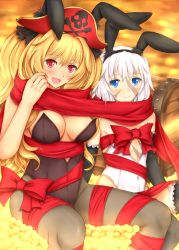 Rule 34 | 2girls, animal ears, anne bonny (fate), bare shoulders, blonde hair, blue eyes, blush, breasts, rabbit ears, cleavage, fate/grand order, fate (series), hat, highres, leotard, long hair, mary read (fate), multiple girls, pantyhose, red eyes, ribbon, scar, short hair, smile, thighhighs, white hair