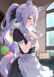 Rule 34 | 1girl, absurdres, alternate costume, animal ears, apron, blush, closed mouth, commentary request, cowboy shot, enmaided, highres, horse ears, horse girl, horse tail, long hair, looking at viewer, maid, maid apron, maid headdress, mejiro mcqueen (umamusume), open mouth, ponytail, purple eyes, purple hair, solo, sunny (20597521), tail, umamusume