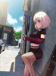 Rule 34 | 1girl, absurdres, against wall, alternate costume, black collar, black shirt, black skirt, blonde hair, blue sky, bob cut, breasts, building, car, casual, cellphone, closed mouth, cloud, collar, crop top, day, edgar syu, elbow gloves, fingerless gloves, fishnet pantyhose, fishnets, gloves, heart pendant, highres, holding, holding phone, jewelry, large breasts, locket, lycoris recoil, midriff, miniskirt, motor vehicle, navel, nishikigi chisato, outdoors, pantyhose, pendant, phone, red eyes, shirt, short hair, short sleeves, skirt, sky, smartphone, solo, striped clothes, striped gloves