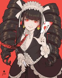 Rule 34 | 1girl, ace (playing card), ace of hearts, artist name, black hair, black jacket, black nails, bonnet, breasts, card, celestia ludenberg, claw ring, closed mouth, danganronpa: trigger happy havoc, danganronpa (series), drill hair, earrings, frilled sleeves, frills, gothic lolita, hand up, heart, highres, holding, holding card, jacket, jewelry, jivke, lolita fashion, long sleeves, looking at viewer, medium breasts, nail polish, necktie, playing card, red eyes, red necktie, smile, solo, twin drills