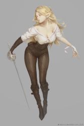 Rule 34 | 1girl, artist name, bandaged hand, blonde hair, boots, braid, breasts, brown footwear, brown gloves, brown pants, cleavage, collarbone, collarless shirt, commentary, deviantart username, english commentary, full body, gloves, grey background, highres, holding, holding sword, holding weapon, katorius, leather, leather boots, leather gloves, leather pants, lips, long hair, looking away, looking to the side, original, pants, parted lips, pouch, rapier, shirt, short sleeves, simple background, single glove, solo, standing, sword, weapon, white shirt, yellow eyes