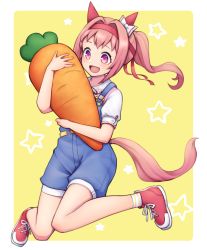 Rule 34 | 1girl, animal ears, belt, boots, bow, carrot, hair bow, hair intakes, haru urara (umamusume), headband, horse ears, horse girl, horse tail, kinakonato, knees together feet apart, legs up, long hair, hugging object, open mouth, overall shorts, overalls, pink eyes, pink hair, ponytail, red footwear, ribbon, shirt, short sleeves, smile, solo, stuffed toy, tail, umamusume, white shirt