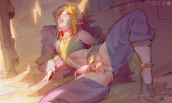 Rule 34 | 1boy, after anal, aftersex, blonde hair, cock ring, crossdressing, cum, gerudo set (zelda), link, male focus, mouth veil, nintendo, nipples, parted lips, penis, pointy ears, sabu (sabudenego), see-through, sex toy, solo, spread legs, testicles, the legend of zelda, the legend of zelda: breath of the wild, trap, veil