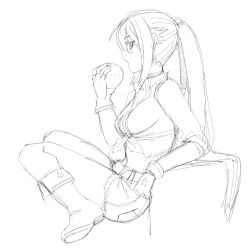 Rule 34 | 1girl, bare shoulders, boots, cowboy boots, eating, food, from side, greyscale, hatsune miku, highres, kekekeke, long hair, monochrome, shirt, short shorts, shorts, sitting, solo, star (symbol), tied shirt, twintails, vocaloid