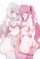 2girls :o ahoge animal_ears animal_hood annytf arm_around_waist ass asymmetrical_docking bear_ears bear_hood black_nails black_ribbon blue_eyes blush bow bowtie bra breast_press breasts camila_(vtuber) cat_tail colored_eyelashes commentary cowboy_shot detached_sleeves facial_mark fake_tail fang fingernails garter_belt gradient_hair grey_hair hair_between_eyes hair_ribbon half-closed_eyes hand_up heart heart_facial_mark heterochromia highleg highleg_panties highres hood hood_up indie_virtual_youtuber large_breasts long_fingernails long_hair looking_at_viewer medium_breasts mismatched_eyelashes multicolored_hair multiple_girls nail_polish navel open_mouth panties parted_lips pink_bow pink_bowtie pink_bra pink_eyes pink_hair pink_panties pink_thighhighs pointy_ears print_bra print_panties print_sleeves purple_eyes rabbit_tail ribbon side-tie_panties simple_background skin_fang smile standing star_(symbol) streaked_hair string_panties symbol-only_commentary tail thighhighs thong tongue twintails underboob underwear underwear_only very_long_hair virtual_youtuber white_background white_bow white_bowtie white_bra white_eyelashes white_hair white_panties white_sleeves white_thighhighs zxcsque