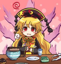 Rule 34 | 1girl, belly rub, black dress, blonde hair, blush stickers, bowl, chinese clothes, cup, dress, drinking glass, empty, food, food on face, hair ornament, junko (touhou), long sleeves, looking at viewer, open mouth, plate, pote (ptkan), red eyes, sash, smile, solo, tabard, touhou, wide sleeves