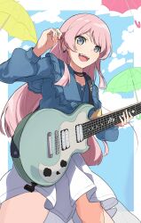 Rule 34 | 1girl, absurdres, bang dream!, bang dream! it&#039;s mygo!!!!!, black choker, blue jacket, border, chihaya anon, chinese commentary, choker, commentary request, earrings, fang, frilled jacket, frills, grey eyes, guitar, highres, holding, holding guitar, holding instrument, holding plectrum, instrument, jacket, jewelry, lavirince, long hair, long sleeves, looking at viewer, necklace, open mouth, outside border, pink hair, playing guitar, pleated skirt, plectrum, skirt, solo, teeth, umbrella, upper teeth only, white border, white skirt