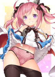 Rule 34 | 1girl, ahoge, azur lane, bare shoulders, black bow, blush, bow, bow panties, breasts, brown pantyhose, clothes lift, clothes pull, dress, dress lift, grin, hair bow, head tilt, jacket, jacket on shoulders, lifting own clothes, long hair, looking at viewer, navel, panties, pantyhose, pink hair, pink panties, polka dot, polka dot panties, purple eyes, saratoga (azur lane), sleeveless, sleeveless dress, small breasts, smile, solo, thighband pantyhose, torimaru, twintails, underwear, white dress, white jacket