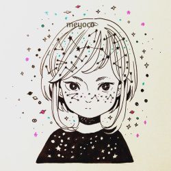 Rule 34 | 1girl, artist name, bad id, bad instagram id, black eyes, constellation, freckles, looking at viewer, meyoco, original, planet, portrait, saturn (planet), short hair, solo, spot color, swept bangs, traditional media, white background, white hair