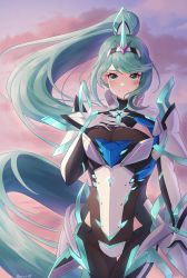Rule 34 | 1girl, absurdres, breasts, chest jewel, doiparuni, earrings, gem, gloves, greek text, green eyes, green hair, headpiece, highres, jewelry, large breasts, long hair, neon trim, pneuma (xenoblade), ponytail, solo, swept bangs, tiara, very long hair, xenoblade chronicles (series), xenoblade chronicles 2
