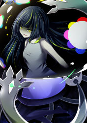 Rule 34 | 1girl, bad id, bad pixiv id, bare arms, bare shoulders, beast ball, black hair, bright pupils, creatures (company), dress, fusion, game freak, gen 7 pokemon, glowing, glowing eye, green eyes, green hair, jellyfish, long hair, looking at viewer, lusamine (pokemon), matching hair/eyes, monster girl, multicolored hair, nihilego, nintendo, open mouth, pantyhose, poke ball, pokemon, pokemon (creature), pokemon sm, purple pantyhose, short dress, sleeveless, sleeveless dress, smile, solo, spoilers, streaked hair, tentacles, ultra beast, very long hair, vier, yellow eyes