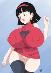 Rule 34 | 10s, 1girl, black hair, blue eyes, breasts, covered erect nipples, dragon ball, dragon ball super, female focus, huge breasts, open mouth, panties, pussy, solo, text focus, toshiso (artist), underwear, videl