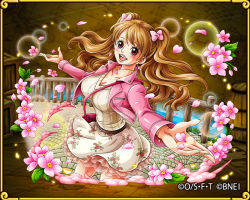 Rule 34 | 1girl, bare legs, blush, breasts, brown eyes, brown hair, casual, charlotte pudding, curvy, dress, flower, happy, large breasts, long hair, looking at viewer, official art, one piece, one piece: treasure cruise, open mouth, shiny clothes, shiny skin, smile, solo, twintails, water, wind