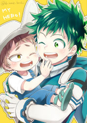 Rule 34 | 2boys, bodysuit, boku no hero academia, character request, child, english text, freckles, gloves, green bodysuit, green eyes, green hair, highres, holding person, light brown hair, looking at another, male focus, mask, unworn mask, midoriya izuku, multiple boys, one eye closed, open mouth, outline, overalls, sandals, shimano katsuma, simple background, twitter username, ume (326310), white gloves, white outline, yellow background, yellow eyes
