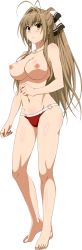 Rule 34 | 10s, 1girl, amagi brilliant park, antenna hair, bad id, bad pixiv id, barefoot, bikini, breasts, brown eyes, brown hair, female focus, full body, hair intakes, highres, large breasts, long hair, looking at viewer, nipples, o-ring, o-ring bottom, ponytail, rbnesty, red bikini, sento isuzu, simple background, smile, solo, sweatdrop, swimsuit, topless, white background