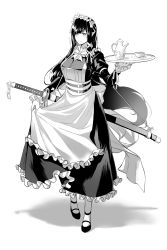 Rule 34 | 1girl, absurdres, apron, apron hold, breasts, cup, full body, greyscale, hair ribbon, highres, long hair, maid, maid apron, maid headdress, medium breasts, mole, mole under eye, monochrome, original, ribbon, sheath, sheathed, simple background, skirt hold, solo, sword, tea set, teacup, teapot, tray, very long hair, wama, weapon, white background