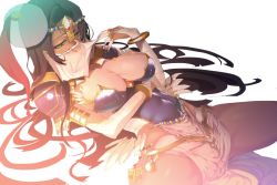 Rule 34 | 1girl, arm wrap, armor, black hair, bracelet, breast hold, breasts, breasts apart, bridal gauntlets, caster of the nocturnal castle, circlet, cleavage, commentary request, covered navel, crotch, dark-skinned female, dark skin, detached collar, duplicate, eyeliner, facepaint, fate/grand order, fate (series), forehead jewel, green eyes, hand up, hat, jewelry, large breasts, long hair, looking to the side, lying, makeup, navel, on back, osmnkenmin, parted bangs, revealing clothes, ring, scheherazade (fate), shoulder armor, simple background, solo, spread legs, thighs, veil, veil lift, white background
