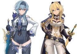 Rule 34 | 2girls, black bow, black gloves, black hairband, blonde hair, blue eyes, blue gloves, blue hair, blue thighhighs, bodysuit, bow, breasts, cape, cleavage, closed mouth, detached collar, detached sleeves, eula (genshin impact), gauntlets, genshin impact, gloves, hair between eyes, hairband, halterneck, hand on own hip, highres, holding, holding sword, holding weapon, jean (genshin impact), long sleeves, looking at viewer, medium breasts, medium hair, metal gloves, mon-chan, multiple girls, necktie, pants, ponytail, revealing clothes, simple background, smile, song of broken pines (genshin impact), sword, thighhighs, thighs, two-tone gloves, vision (genshin impact), weapon, white background, white pants, yellow eyes