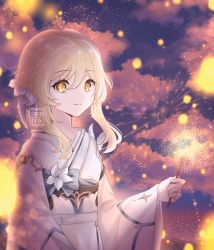 Rule 34 | 1girl, blurry, cloud, cloudy sky, commentary, depth of field, english commentary, flower, genshin impact, hair between eyes, hair flower, hair ornament, highres, holding, holding fireworks, holding sparkler, japanese clothes, kimono, light brown hair, long sleeves, looking at viewer, lumine (genshin impact), night, night sky, obi, sapphrixrain, sash, short hair, short hair with long locks, sidelocks, sky, smile, solo, watermark, wide sleeves, yellow eyes
