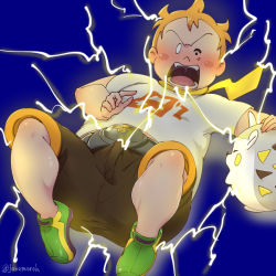 Rule 34 | 1boy, belt, black eyes, blue background, blush, blush stickers, brown shorts, bulge, commentary request, creatures (company), electrocution, game freak, gen 7 pokemon, green footwear, grey belt, janemoro, knees, lying, male focus, md5 mismatch, nintendo, on back, open mouth, orange hair, pokemon, pokemon (creature), pokemon sm, resolution mismatch, scarf, shirt, shoes, short hair, short sleeves, shorts, sophocles (pokemon), source larger, spread legs, t-shirt, teeth, togedemaru, tongue, translation request, trial captain, white shirt, yellow scarf