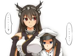 Rule 34 | ..., 10s, 2girls, arm around neck, bad id, bad pixiv id, black hair, blue eyes, breast envy, grabbing another&#039;s breast, breasts, brown hair, eiri (eirri), female admiral (kancolle), gloves, grabbing, hairband, hat, kantai collection, large breasts, military, military uniform, multiple girls, nagato (kancolle), naval uniform, red eyes, spoken ellipsis, uniform