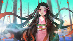 Rule 34 | 1girl, asanogawa (tutufcc), bare tree, black hair, blue sky, blurry, blurry background, brown eyes, checkered sash, commentary request, day, depth of field, fingernails, floating hair, forehead, gradient hair, hair ribbon, highres, japanese clothes, kamado nezuko, kimetsu no yaiba, kimono, long hair, long sleeves, looking at viewer, multicolored hair, obi, outdoors, parted bangs, pink kimono, pink ribbon, purple eyes, ribbon, sash, sky, sleeves past wrists, solo, standing, tree, upper body, very long hair, wide sleeves