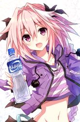 Rule 34 | 1boy, :d, astolfo (fate), astolfo (memories at trifas) (fate), bad id, bad pixiv id, black ribbon, blush, bottle, braid, crossdressing, fang, fate/apocrypha, fate/grand order, fate (series), hair between eyes, hair intakes, hair ornament, hair ribbon, head tilt, holding, holding bottle, hood, hoodie, jacket, jewelry, long hair, male focus, multicolored hair, necklace, open mouth, pink hair, purple eyes, purple hoodie, purple jacket, purple shirt, ribbon, risei jouhatsushita ponco, shirt, smile, streaked hair, striped clothes, striped shirt, trap, water, water bottle, white background