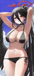 Rule 34 | 1girl, :o, absurdres, armpits, arms up, bikini, black bikini, black choker, black hair, black wings, blue archive, blue sky, blush, breasts, choker, cloud, cowboy shot, day, feathered wings, halo, hasumi (blue archive), high ponytail, highres, large breasts, large wings, long hair, looking at viewer, low wings, mole, mole under eye, nashi (nashipple1), navel, open mouth, outdoors, red eyes, side-tie bikini bottom, sky, solo, stomach, swimsuit, thigh gap, thighs, very long hair, wings