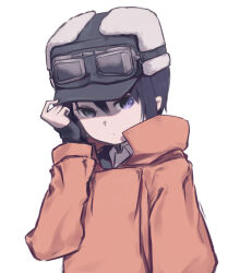 Rule 34 | 1girl, absurdres, adjusting clothes, adjusting headwear, androgynous, arm at side, black hair, brown coat, coat, collared shirt, commentary, daisi gi, dot mouth, dress shirt, fur hat, goggles, goggles on headwear, green hat, green jacket, hand on headwear, hat, highres, jacket, kino (kino no tabi), kino no tabi, long coat, purple eyes, shading eyes, shirt, short hair, simple background, solo, tomboy, trench coat, upper body, ushanka, very short hair, white background, white shirt