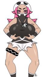 Rule 34 | 1girl, armpit crease, bandana, bandana over mouth, bare shoulders, black socks, black tank top, black wristband, breast lift, breasts, covered mouth, creatures (company), cutoffs, ero honey, eyeshadow, feet out of frame, forehead, game freak, half-closed eyes, hat, highres, jewelry, knees, large breasts, legs apart, long hair, looking at viewer, makeup, mask, motion lines, necklace, nintendo, pink eyes, pink hair, pokemon, pokemon sm, short shorts, shorts, signature, simple background, skull-shaped hat, skull hat, sleeveless, socks, solo, standing, tank top, team skull, team skull grunt, thigh strap, v-shaped eyebrows, white background, white shorts, wristband