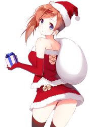 Rule 34 | 1girl, absurdres, ahoge, bare shoulders, bell, black thighhighs, blue eyes, blush, breasts, brown hair, caidychen, commentary, cowboy shot, diversity promotions, elbow gloves, fortissimo, from behind, fujiwara yuzuru, fur-trimmed skirt, fur trim, gift, gift bag, gloves, hair ornament, happy, hat, highres, holding, holding gift, jingle bell, large breasts, looking at viewer, looking back, musical note, musical note hair ornament, no bra, panties, pantyshot, pink panties, quaver, red gloves, red skirt, sack, santa costume, santa hat, shirt, shoulder blades, side ponytail, skirt, smile, solo, standing, strapless, strapless shirt, strapless top, striped clothes, striped panties, thighhighs, thighs, transparent background, underwear, white panties, yuzuru (diversity), zettai ryouiki