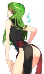 Rule 34 | 1girl, ass, c.c., code geass, creayus, green hair, long hair, looking back, no panties, revealing clothes, simple background, smile, solo, twitter username, white background, yellow eyes