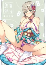 Rule 34 | 1girl, areola slip, bad id, bad twitter id, blush, breasts, cameltoe, cleft of venus, closed mouth, collarbone, covered erect nipples, egg vibrator, flower, green eyes, grey hair, hair flower, hair ornament, halterneck, highres, japanese clothes, kimono, large breasts, looking at viewer, new year, one-piece swimsuit, open clothes, original, purple one-piece swimsuit, sex toy, short hair, sitting, slingshot swimsuit, solo, sweat, swimsuit, tabi, vibrator, white legwear, yoshiron