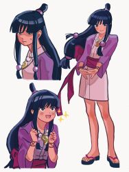 Rule 34 | 1girl, ace attorney, black eyes, black hair, blunt bangs, blush, closed mouth, commentary request, excited, full body, hair ornament, half-closed eyes, half updo, hands up, hanten (clothes), highres, jacket, japanese clothes, jewelry, kimono, long hair, long sleeves, looking at viewer, magatama, magatama necklace, maya fey, multiple views, necklace, obi, open mouth, own hands together, parted bangs, purple jacket, sash, shaded face, short kimono, sidelocks, smile, sparkle, standing, stretching, sweatdrop, wata (watatwo), white background, white kimono