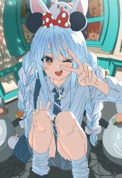 Rule 34 | 4girls, absurdres, animal ears, aqua butterfly, bare legs, blue hair, blue necktie, bow, braid, brown eyes, bug, butterfly, collared shirt, commentary request, floor, hair bow, hand on own knee, hasu, highres, hololive, houshou marine, indoors, insect, long hair, long sleeves, looking at viewer, looking through window, loose necktie, loose socks, multicolored hair, multicolored necktie, multiple girls, necktie, one eye closed, open mouth, polka dot, polka dot bow, rabbit-shaped pupils, rabbit ears, rabbit girl, red bow, school uniform, shiranui flare, shirogane noel, shirt, shirt tucked in, sidelocks, sleeves rolled up, smile, socks, squatting, stone floor, striped necktie, stuffed animal, stuffed toy, symbol-shaped pupils, teeth, thighs, twin braids, two-tone hair, upper teeth only, usada pekora, v, very long hair, virtual youtuber, white bow, white hair, white necktie, white shirt, white socks, window