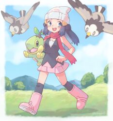 Rule 34 | 1girl, :d, beanie, bird, black hair, black shirt, blush, boots, cloud, commentary request, creatures (company), dawn (pokemon), day, game freak, gen 4 pokemon, grass, hair ornament, hairclip, hat, holding, holding pokemon, long hair, nintendo, open mouth, outdoors, over-kneehighs, pink footwear, pink skirt, pokemon, pokemon (creature), pokemon dppt, red scarf, s (happycolor 329), scarf, shirt, skirt, sky, sleeveless, sleeveless shirt, smile, starly, teeth, thighhighs, tongue, turtwig, upper teeth only, walking, white headwear