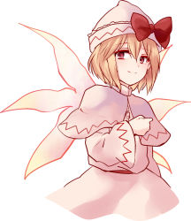 Rule 34 | 1girl, alternate hair length, alternate hairstyle, blonde hair, bow, capelet, dress, fairy wings, hat, hat bow, lily white, long sleeves, looking at viewer, pink dress, red eyes, short hair, simple background, smile, solo, touhou, uranaishi (miraura), wide sleeves, wings