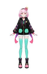 Rule 34 | 1girl, absurdres, ankle boots, arms at sides, black choker, black hairband, boots, bow, choker, closed mouth, colored inner hair, cross-laced footwear, drawstring, ganba ruuko (vtuber), green thighhighs, hair ornament, hairband, hairclip, highres, hood, hood down, hooded jacket, indie virtual youtuber, jacket, lace-up boots, lam (ramdayo), looking at viewer, multicolored hair, octopus, pink hair, red eyes, short hair, shorts, simple background, smile, solo, standing, thighhighs, third-party source, virtual youtuber, white background, white shorts