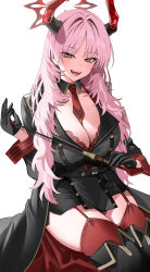 Rule 34 | 1girl, absurdres, between breasts, black gloves, black jacket, blue archive, boots, bra, breasts, cleavage, collared jacket, demon horns, fangs, garter straps, gloves, hair between eyes, highres, holding, horns, jacket, large breasts, laughing, long hair, messy hair, military, military uniform, mole, mole on breast, necktie, open clothes, open jacket, open mouth, pink hair, red bra, red garter straps, red necktie, red thighhighs, red wrist cuffs, satsuki (blue archive), shade, short necktie, sitting, skindentation, smile, smirk, smug, solo, thigh boots, thighhighs, underwear, uniform, upper body, very long hair, white background, wrist cuffs, yellow eyes, yuki (asayuki101)