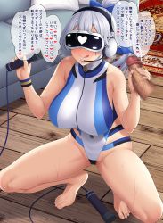 Rule 34 | 1girl, absurdres, ao banana, blue bow, blue one-piece swimsuit, blush, bow, breasts, censored, closed mouth, competition swimsuit, couch, fate/grand order, fate (series), hair between eyes, hair bow, handjob, head-mounted display, headphones, headset, hetero, highleg, highleg swimsuit, highres, large breasts, legs, licking lips, long hair, mosaic censoring, one-piece swimsuit, penis, ponytail, silver hair, smile, speech bubble, squatting, swimsuit, tinted eyewear, tomoe gozen (fate), tomoe gozen (swimsuit saber) (fate), tomoe gozen (swimsuit saber) (first ascension) (fate), tongue, tongue out, translation request, two-tone swimsuit, visor, vr visor, white one-piece swimsuit